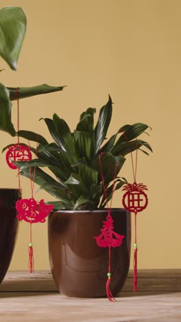 Vertical-Video-Of-Decorations-Celebrating-Chinese-New-Year-Hung-From-Plants-At-Home